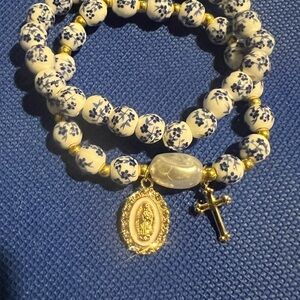 Elegant Blue and White Beaded Religious Bracelet Set